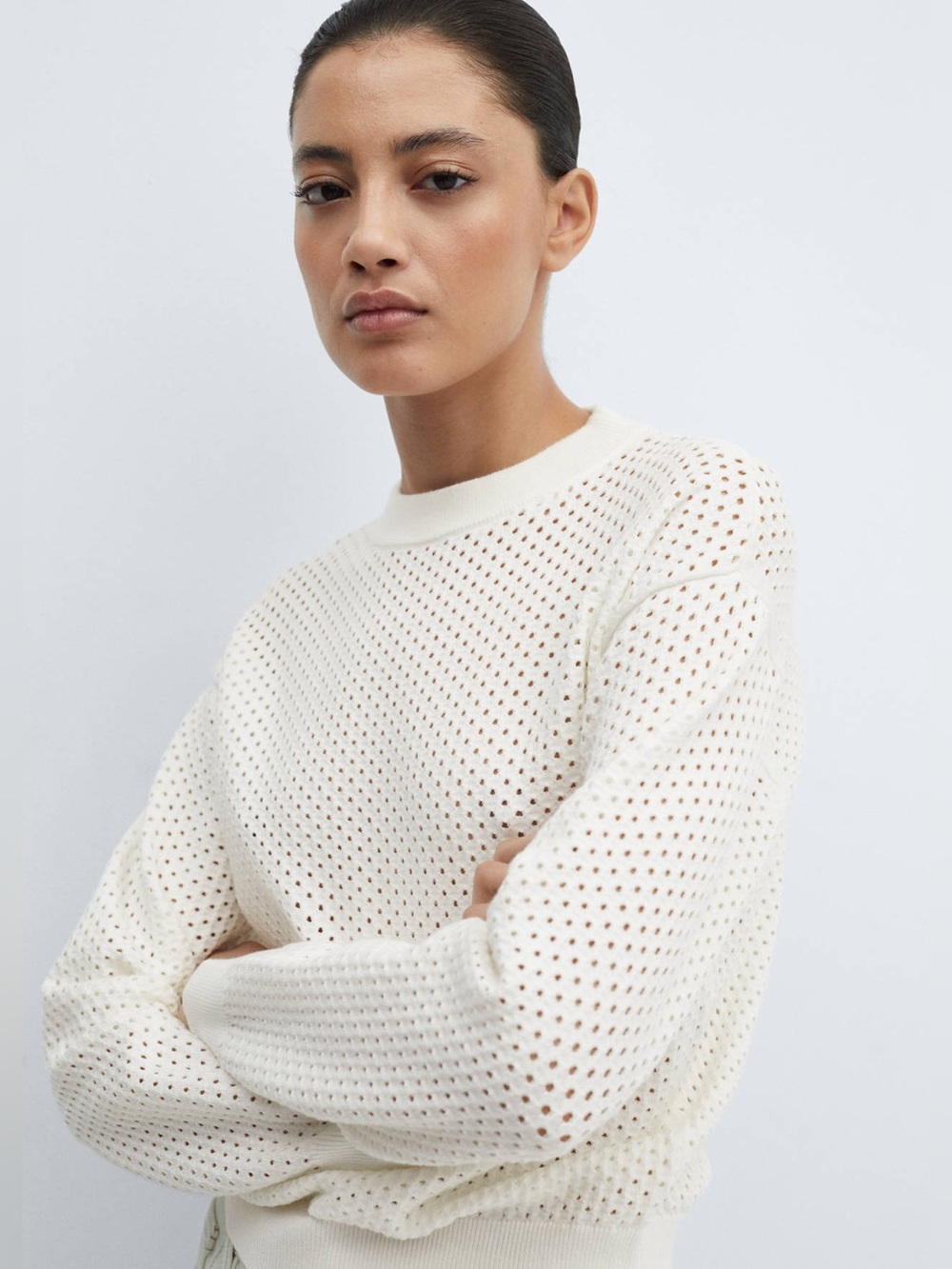 Mango MNG Round-Neck Openwork Sweater off white